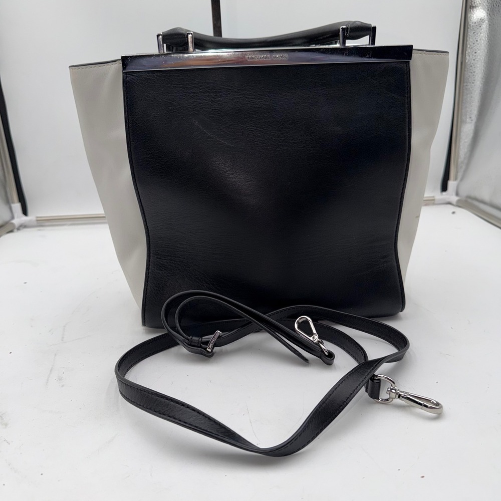 Michael Kors Black White Leather Frame Satchel Handbag Silver Tone Hardware - Picture 12 of 15